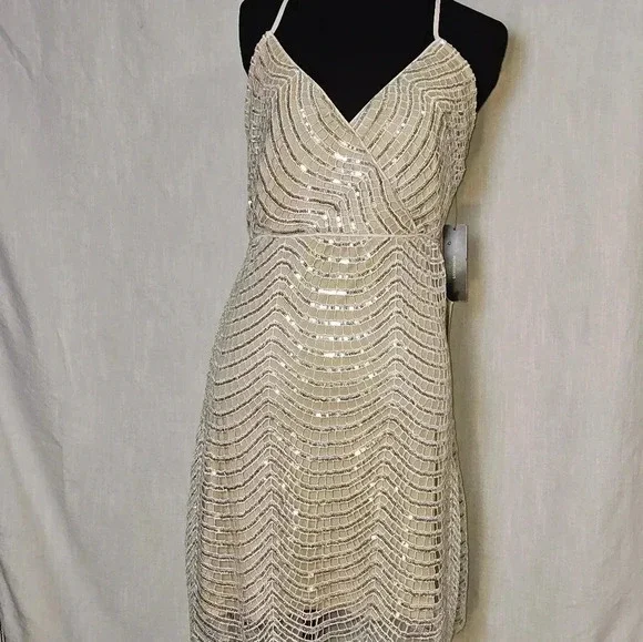 Lulus Tan and Silver Sequin CrissCross Adjustable Straps Mini‎ Dress Sz L - Picture 3 of 12